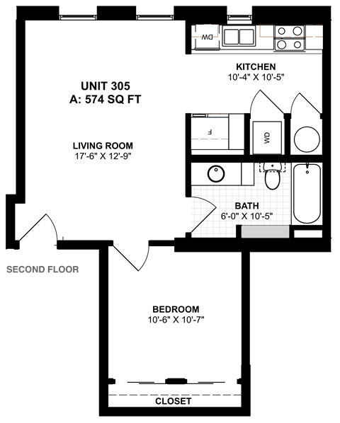 Floor plan for 1 bed, 1 bath, 574 sqft